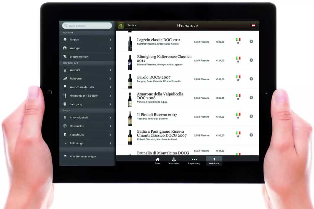 Digitale Weinkarte auf winePad